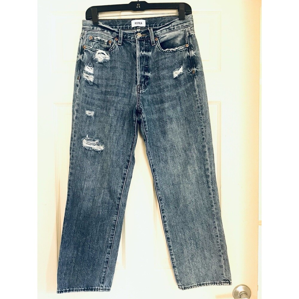 PISTOLA Charlie High Rise Straight Jeans Distressed Button Fly Size 28 Ankle